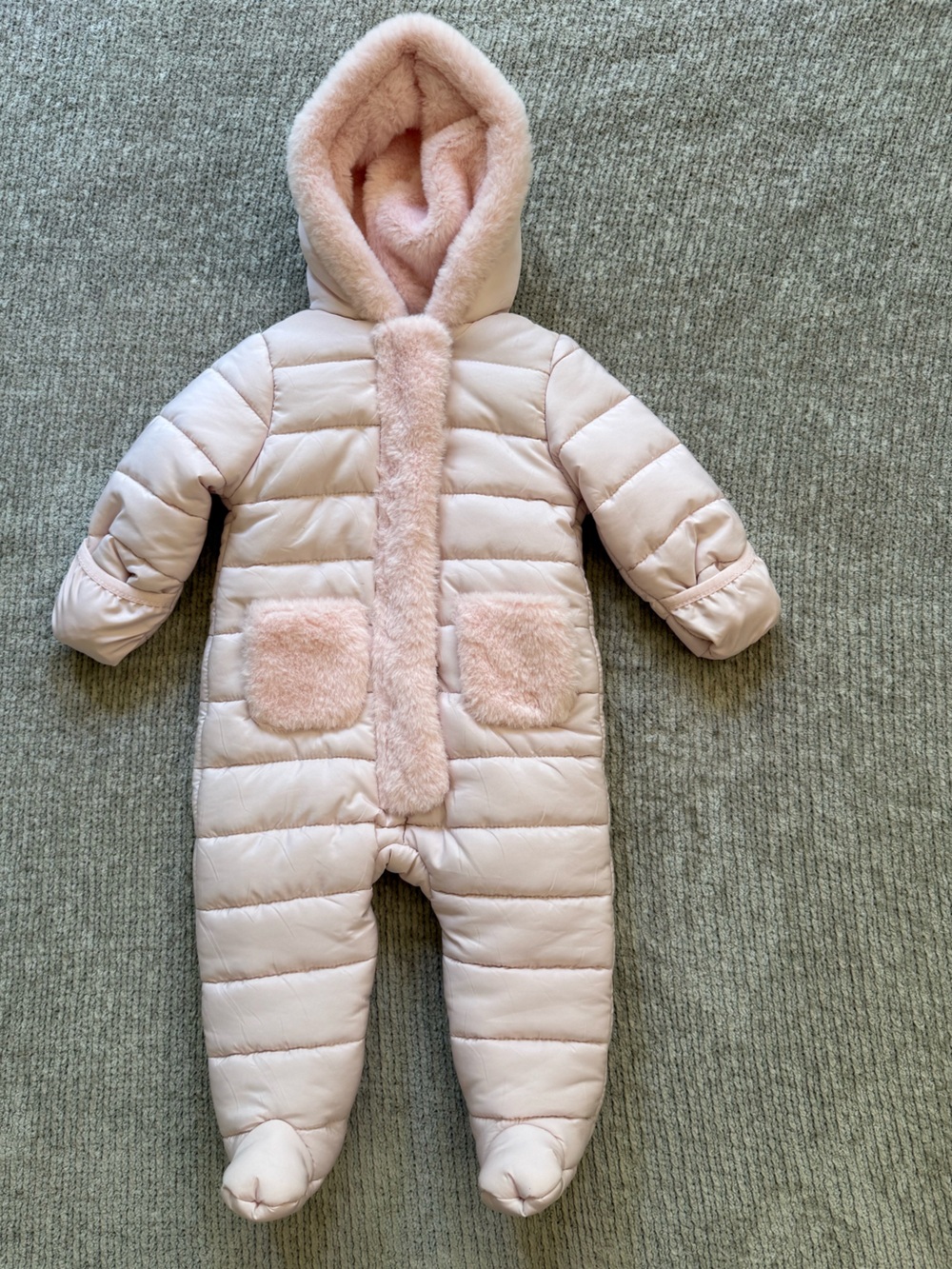 Nicole Miller New York Baby Pink Puffer Snowsuit 6-9M Faux Fur Hood Mittens